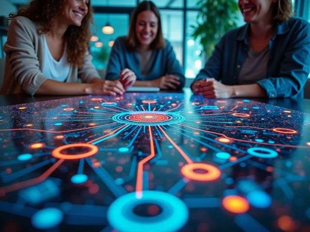 Overhead view of a vibrant digital workspace with colorful diagrams and interconnected nodes, symbolizing internal linking in software development, with smiling team members collaborating in the background.