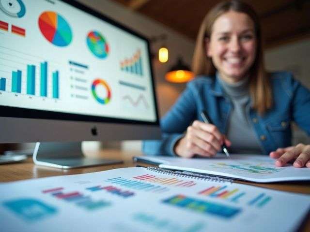 Close-up of a computer screen displaying colorful graphs and charts, surrounded by notepads and pens, with a smiling person in the background brainstorming ideas