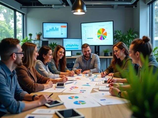 Worm's-eye view of a modern office space filled with colorful charts and digital screens, showcasing a collaborative team brainstorming around a table, all smiling and engaged, with plants in the background.