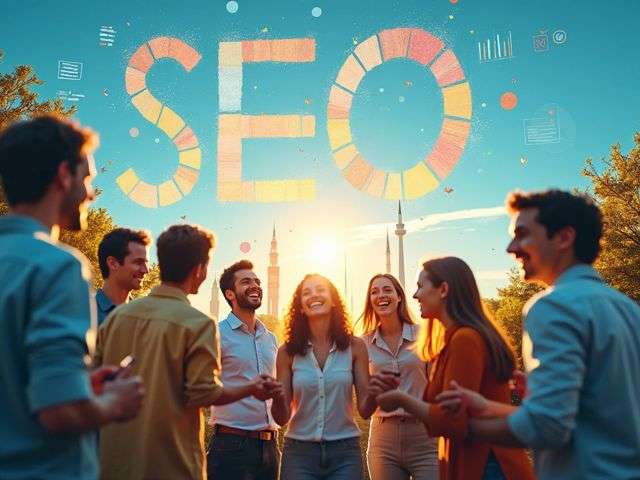 A vibrant digital landscape with abstract SEO elements like graphs and charts, illuminated by a bright sky, with a group of diverse people smiling and collaborating in the foreground, viewed from a worm's-eye perspective