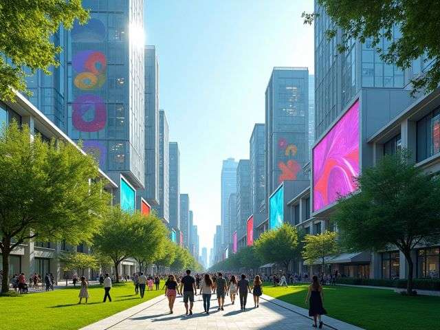 A vibrant cityscape with futuristic buildings, colorful digital screens displaying abstract patterns, and a lush green park in the foreground. People are walking through the park, smiling and enjoying the sunny day, with a worm's-eye view perspective emphasizing the height of the buildings.